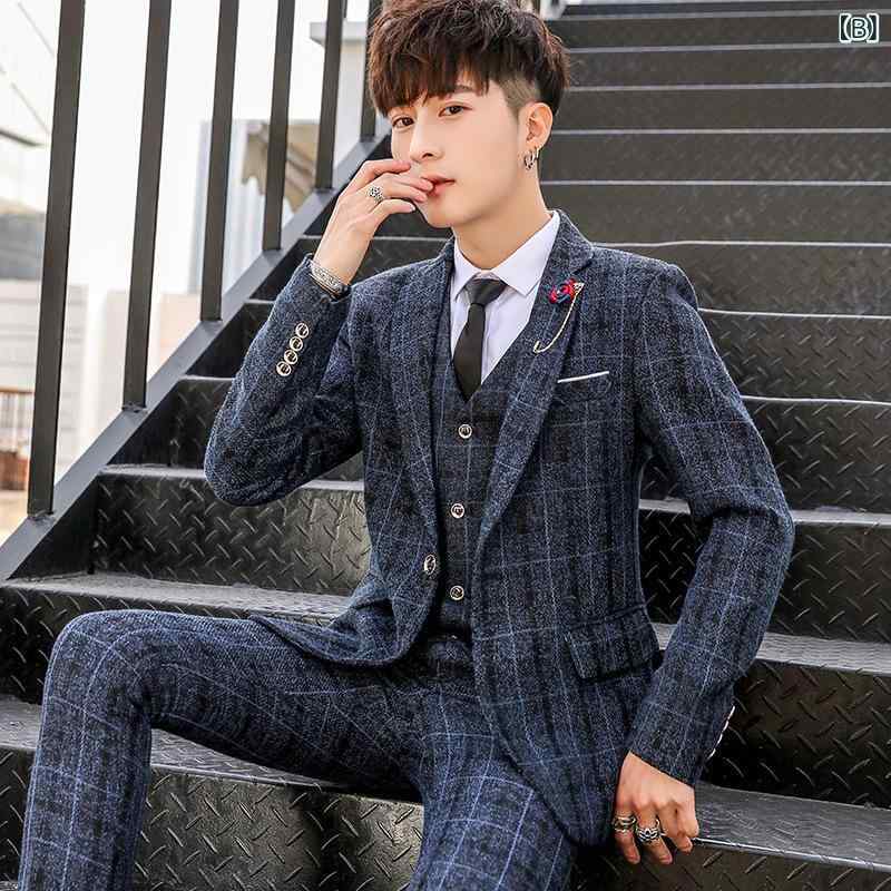 スーツ メンズ スリーピース チェック柄 スリムフィット オールシーズン ビジネス カジュアル 結婚式 通勤 韓国風 混紡素材 セットアップ