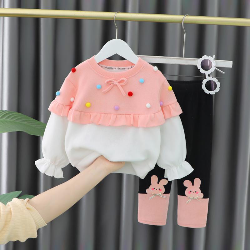 ベビー服 女の子 綿100% 長袖 長ズボン 春秋 韓国風 おしゃれ かわいい カラフルボール柄 パンツ セッ..