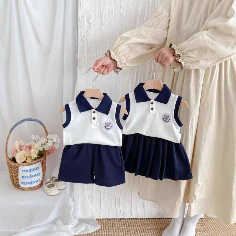 キッズ 女の子 春夏 ポロ襟 薄手 綿 コットン ノースリーブ トップス スカート セットアップ 2点セット 韓国風 スクール風 おしゃれ かわいい 普段着 お出かけ カジュアル