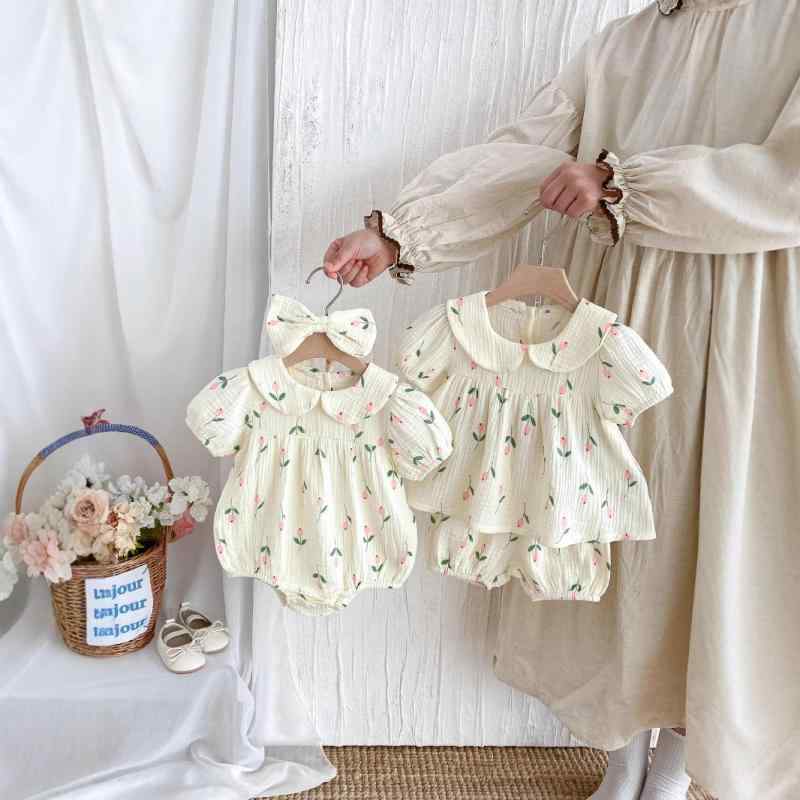 ロンパース ベビー 女の子 ガーゼ 半袖 接触冷感 吸汗速乾 薄手 チューリップ柄 かわいい おしゃれ 2点セット 春夏