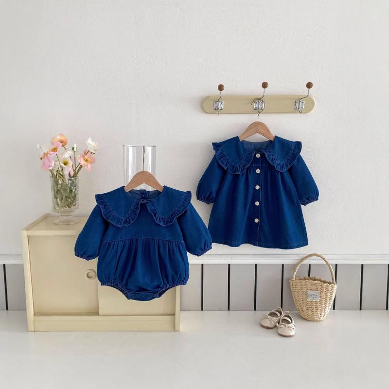 ロンパース 女の子 ベビー 幼児 韓国風 おしゃれ デニムワンピース 2点セット 襟付き コットン 薄手 春秋 長そで カバーオール