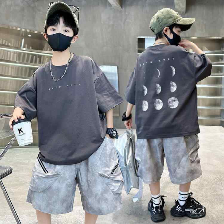 半袖Tシャツ＆ハーフパンツ セットアップ 男の子 キッズ ジュニア 夏服 薄手 カジュアル ワーク風 上下2点セット 綿素材 普段着 部屋着 通学 ルームウェア(x2)