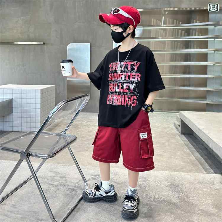 キッズ 男の子 薄手 半袖 Tシャツ アルファベット柄 ハーフパンツ 2点セット 綿90% コットン カジュアル ジュニア 夏服 セットアップ(x2)