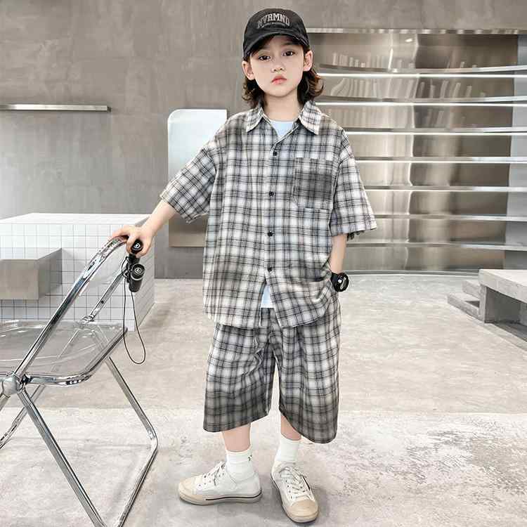 キッズ 男の子 ジュニア 小学生 夏服 薄手 半袖 チェック柄 シャツ カジュアル ハーフパンツ 5分丈 2点セット セットアップ 普段着 通..