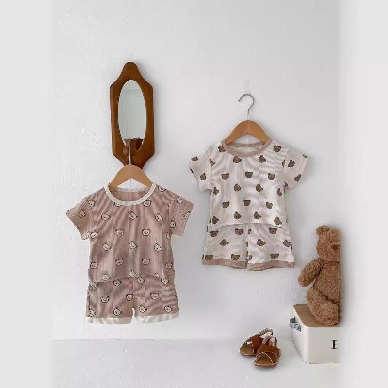 ベビー 男の子 女の子 ユニセックス 春夏 ワッフル生地 かわいい くま 半袖Tシャツ ショートパンツ 2点セット 柔らか素材 薄手 コットン 部屋着 パジャマ 普段着 お出かけ