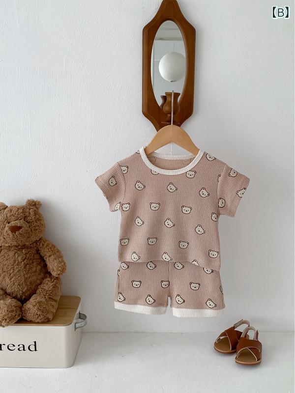 ベビー 男の子 女の子 ユニセックス 春夏 ワッフル生地 かわいい くま 半袖Tシャツ ショートパンツ 2点セット 柔らか素材 薄手 コットン 部屋着 パジャマ 普段着 お出かけ
