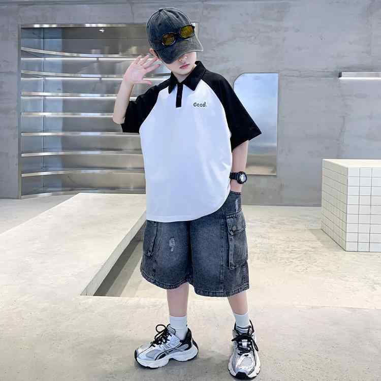 キッズ 男の子 薄手 綿混 半袖 英字ロゴ ポロシャツ デニム ハーフパンツ カジュアル スポーティ 2点セット 黒白切り替え 夏物 中大童向け(x2)