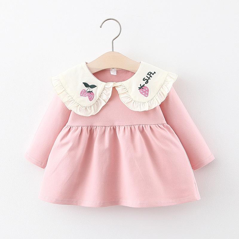 ワンピース 女の子 ベビー キッズ 子供服 襟付き いちご柄 長袖 プリンセス コットン 肌に優しい 韓国風 おしゃれ 春 秋 お出かけ 70 80 90 100cm イエロー ピンク