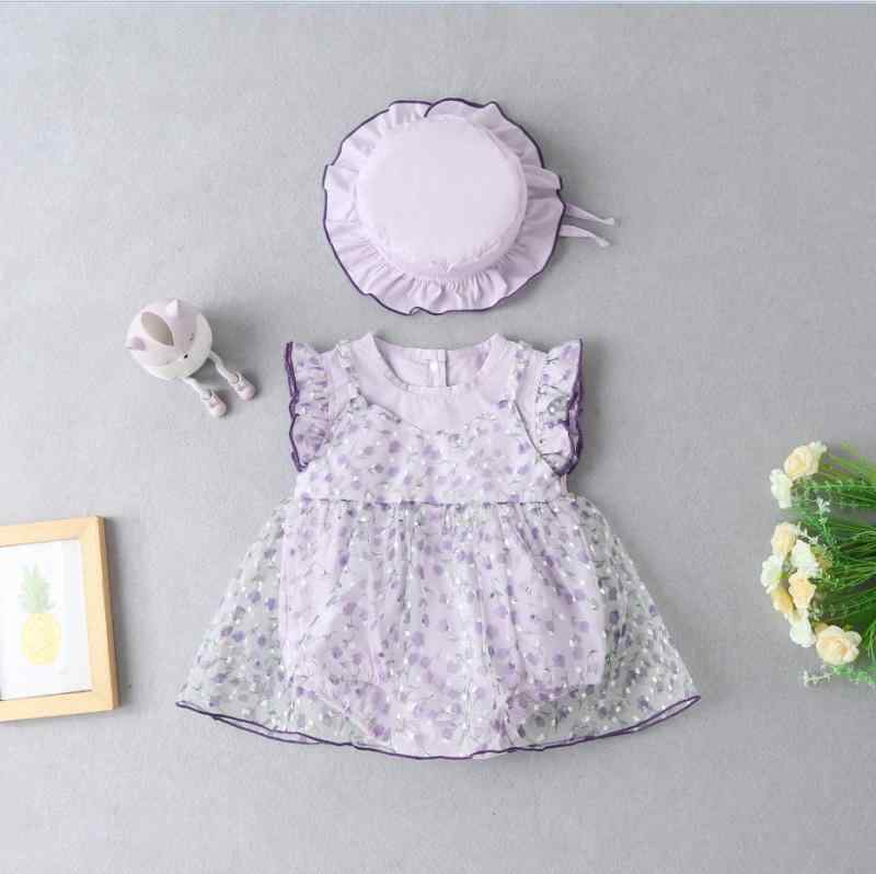 ベビーロンパース 女の子 新生児 夏 薄手 吸汗速乾 綿100% ノースリーブ フード付き スナップボタン 重ね着風 シフォン小花柄 カバーオール ピンク ラベンダー 出産祝い 退院着