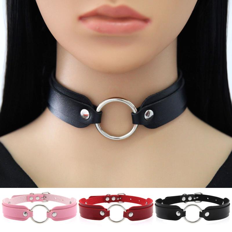 チョーカー 男女兼用 レザー製 二重リング サークル ゴシック 原宿系 クール 個性的 欧米風 ダーク ショートネックレス 合金製 秋冬 ストリートファッションアクセサリー(x2)