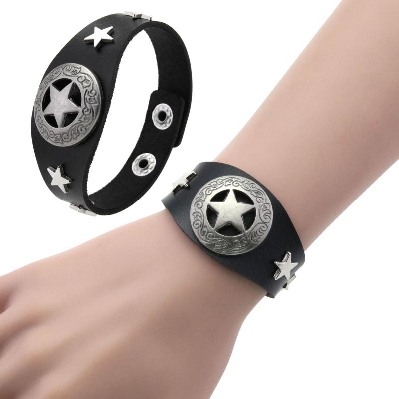 ブレスレット メンズ 男性用 カップル ペア レザー 五芒星 スターデザイン 合金製 電気メッキ加工 パンクスタイル 欧米風 個性的 ファッション アクセサリー バングル 豊富なカラー(x2)