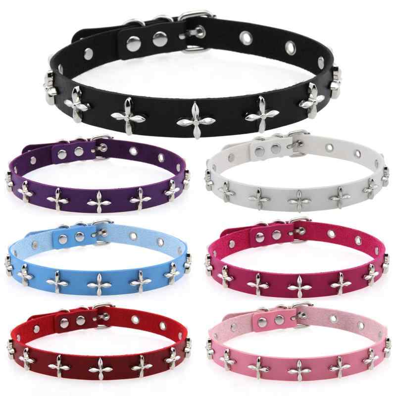 チョーカー ネックレス ユニセックス PUレザー メタル パンク 個性的 甘辛MIX クール スタッズ 十字架 フラワーモチーフ 多色展開 長さ調整可能(x2)