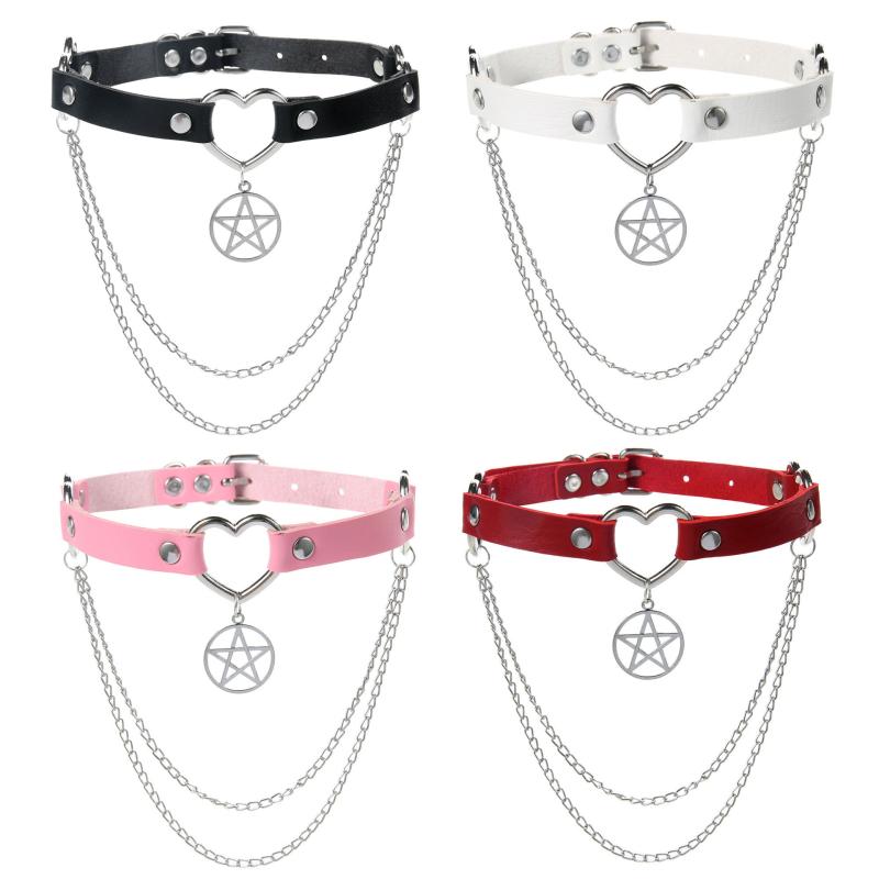 チョーカー ユニセックス PUレザー スター ハート ペンダント ネックレス ゴシック ロック パンク 短め 調節可能 ファッション小物 豊富なカラー(x2)