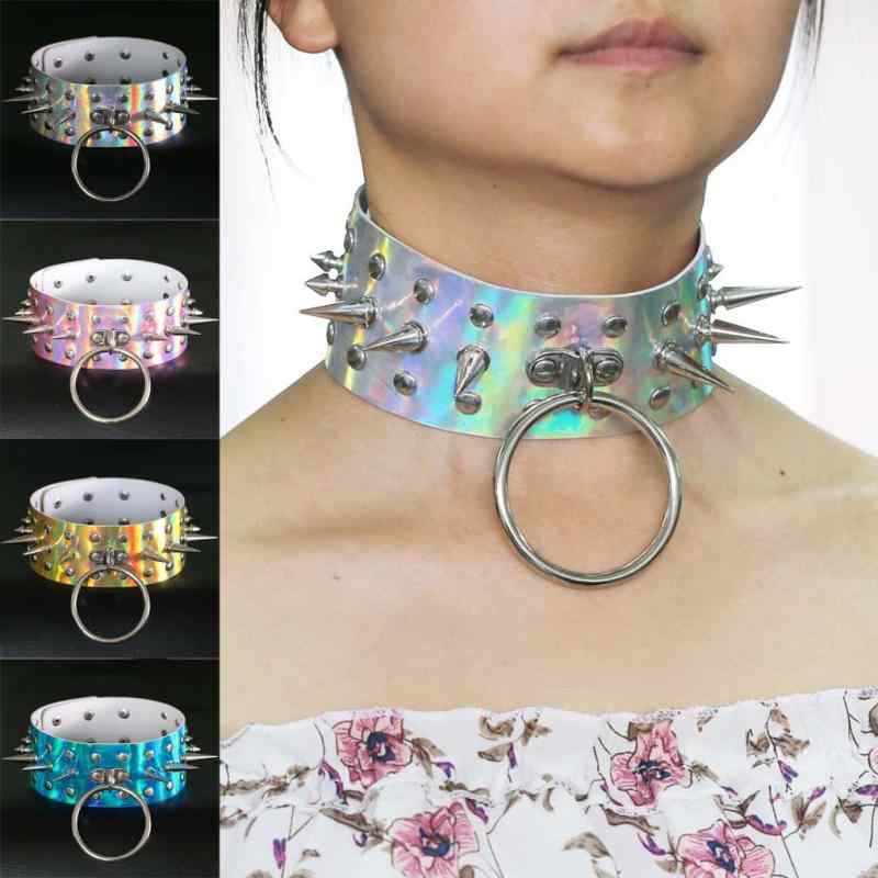 チョーカー 欧米風 パンクスタイル スパイク スタッズ Oリング ホログラム 発光 レザー製 ナイトアウト クラブ イベント ダンス ファッションアクセサリー