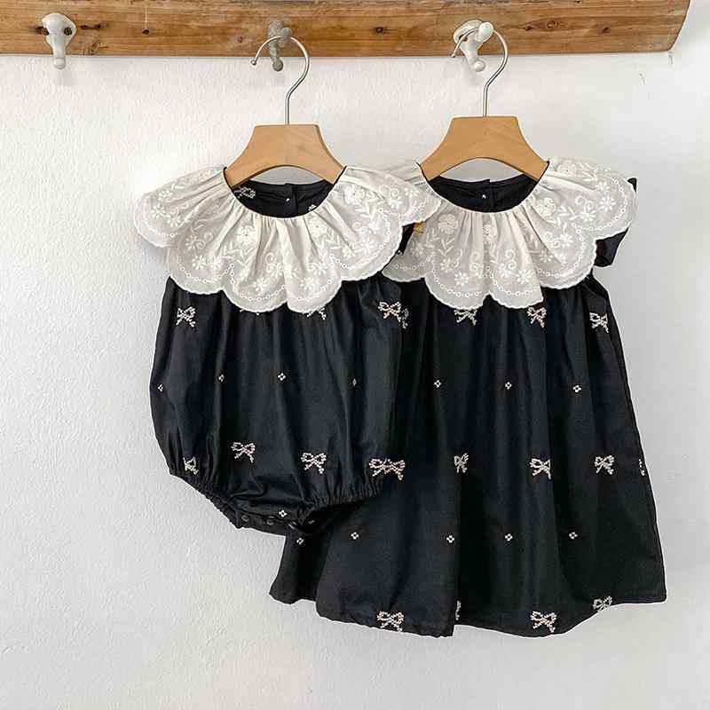 ワンピース ロンパース 女の子 ベビー キッズ 春夏 刺繍 フリル襟 ノースリーブ 姉妹コーデ 韓国風 綿100% Aライン 66cm 73cm 80cm 90cm 100cm 110cm 120cm 130cm