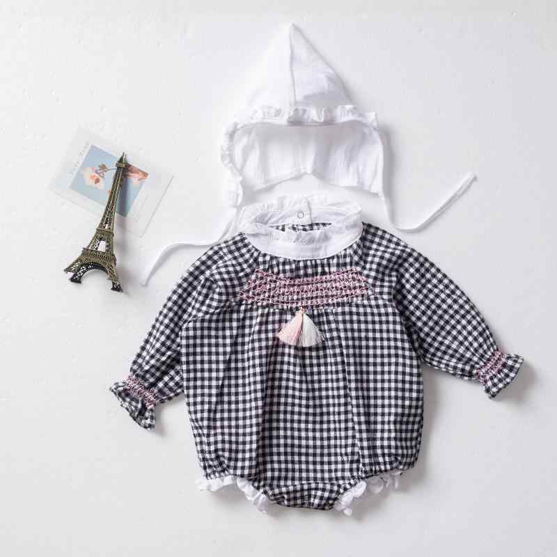 ロンパース ベビー 男女兼用 新生児 赤ちゃん カバーオール 春秋 肌に優しい コットン 綿混 フリル襟 長袖 チェック柄 プリンセス風 韓国風 前開き スナップボタン 出産祝い