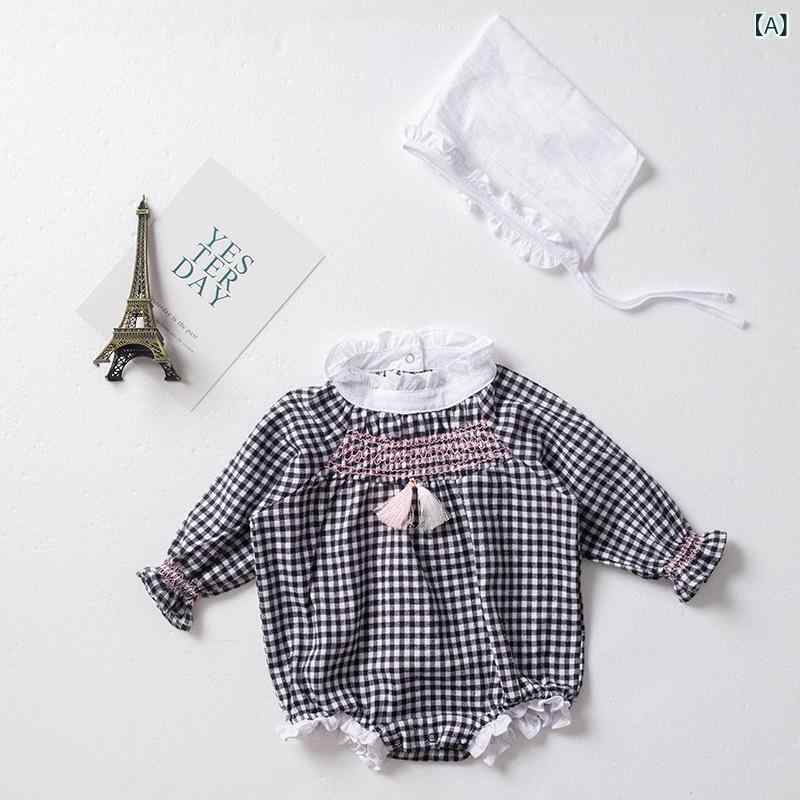 ロンパース ベビー 男女兼用 新生児 赤ちゃん カバーオール 春秋 肌に優しい コットン 綿混 フリル襟 長袖 チェック柄 プリンセス風 韓国風 前開き スナップボタン 出産祝い 2