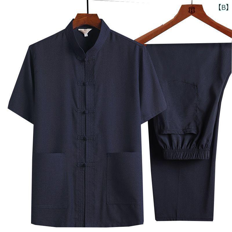 シャツ メンズ 中高年 シニア 形態安定 防シワ 春夏 中国風 民族風 レトロ カジュアル 半袖 セットアップ ポリエステル素材 ポケット付き