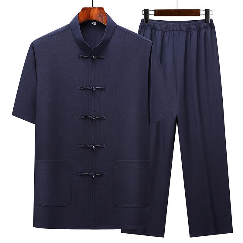 Tシャツ セットアップ メンズ シニア 春夏 スタンドカラー 半袖Tシャツ ロングパンツ 二点セット 中華風 刺繍 快適 ルームウェア 部屋着 カジュアル