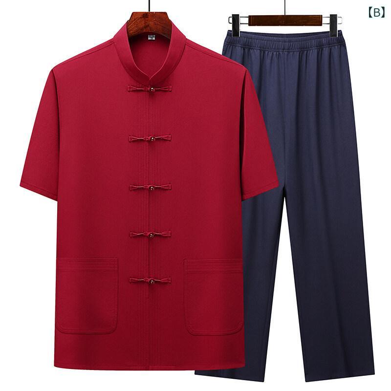 Tシャツ セットアップ メンズ シニア 春夏 スタンドカラー 半袖Tシャツ ロングパンツ 二点セット 中華風 刺繍 快適 ルームウェア 部屋着 カジュアル