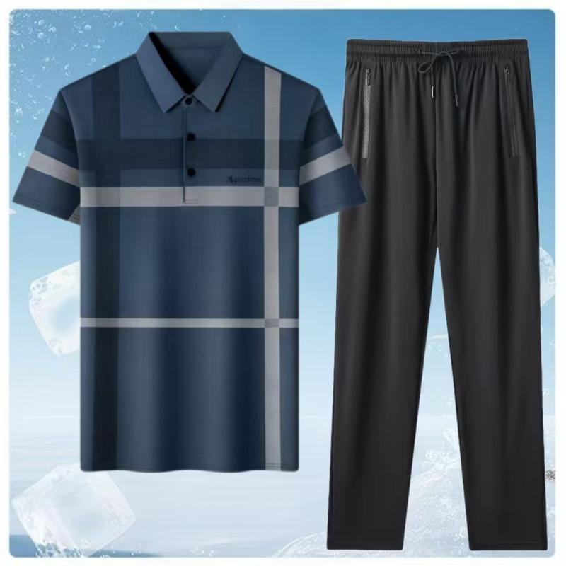 セットアップ メンズ 夏 大人カジュアル 半袖Tシャツ ロングパンツ 2点セット ストレッチ素材 伸縮性 ポリエステル混紡 ゆったりサイズ ビジカジ 普段使い ルームウェア