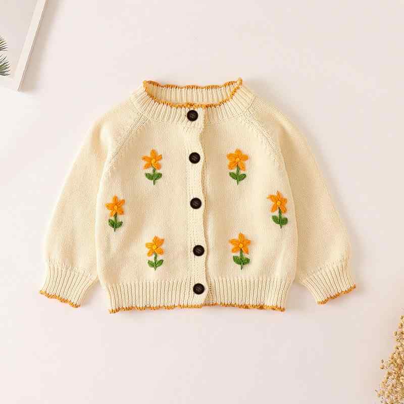 ベビー カーディガン 女の子 キッズ ニット 長袖 花柄刺繍 手編み風 コットン 綿 前開き アウター 羽織り 春秋冬 柔らかい 着回し抜群 通園 普段着 赤ちゃん 幼児服