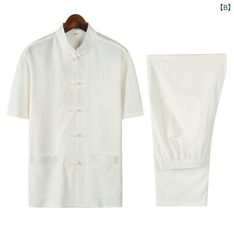 唐装 メンズ シニア 男性 半袖 セットアップ 中国風 盤扣 チャイナボタン カジュアル ゆったり 2点セット 夏用 普段着 部屋着 ルームウェア ポリエステル素材 吸汗速乾 イージーケア しわになりにくい