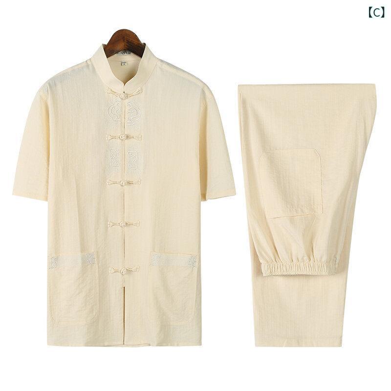 唐装 メンズ シニア 男性 半袖 セットアップ 中国風 盤扣 チャイナボタン カジュアル ゆったり 2点セット 夏用 普段着 部屋着 ルームウェア ポリエステル素材 吸汗速乾 イージーケア しわになりにくい