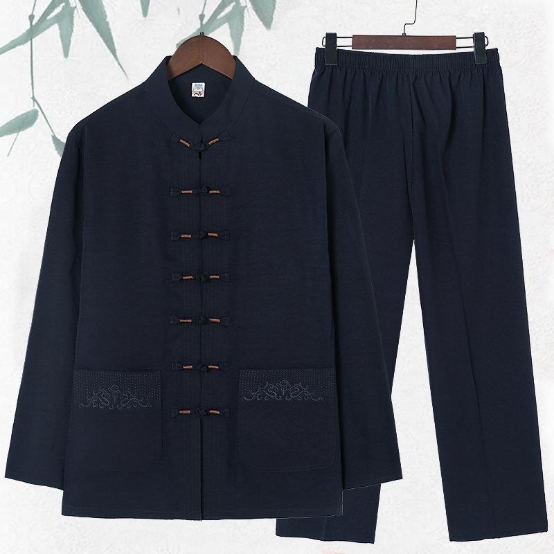 唐装 メンズ 薄手 長袖 中高年 シニア 父親 祖父向け 中国風 飾りボタン 刺繍 ポリエステル100% カジュ..