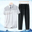 メンズ カジュアル セットアップ 接触冷感 吸汗速乾 薄手 ストレッチ 半袖 ポロシャツ Tシャツ ロングパンツ 春夏 スポーツ 部屋着 ミドルエイジ