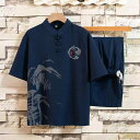 セットアップ メンズ 夏物 コットンリネン 半袖Tシャツ ロングパンツ 中国風 中高齢者 シニア 祖父 普段着 ルームウェア グレー 2点セット