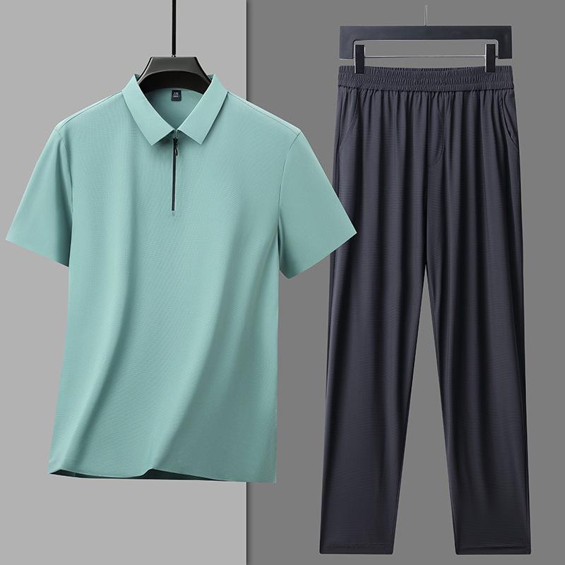 ポロシャツ メンズ 接触冷感 シームレス ハーフジップ 半袖 薄手 軽量 ストレッチ ロングパンツ セットアップ カジュアル ルームウェア 春夏