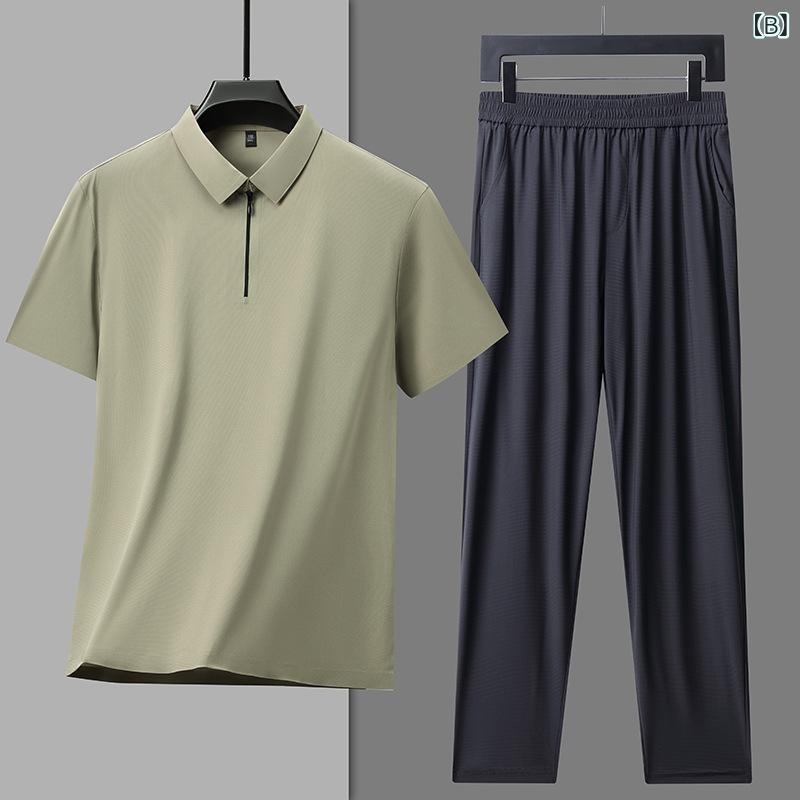 ポロシャツ メンズ 接触冷感 シームレス ハーフジップ 半袖 薄手 軽量 ストレッチ ロングパンツ セットアップ カジュアル ルームウェア 春夏