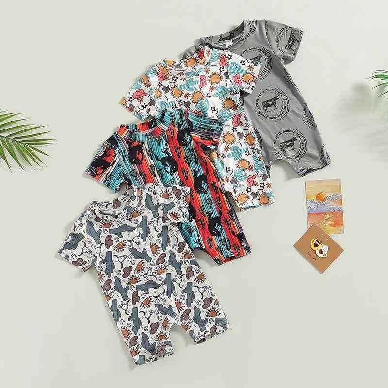 ロンパース ベビー 男の子 男児 半袖 西部劇風 カウボーイ風 通気性 快適 綿素材 カバーオール つなぎ ..