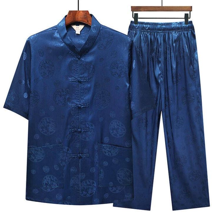 メンズ カジュアル セットアップ 中高年 接触冷感 夏 薄手 半袖 中華風 唐装 漢服 レトロ シルク調 シャツ ロングパンツ 父親 祖父向け ポリエステル素材