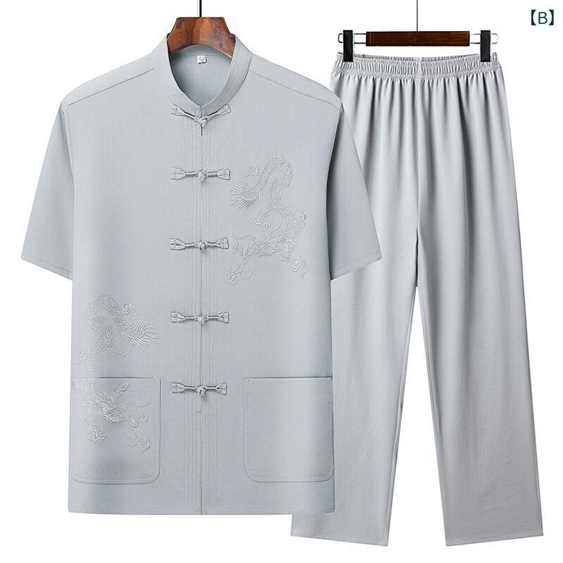 唐装 メンズ シニア 男性用 半袖 刺繍 双龍 セットアップ 中国風 チャイナ服 ポリエステル カジュアル リラックスウェア 上下セット 夏物 2点セット 多色展開