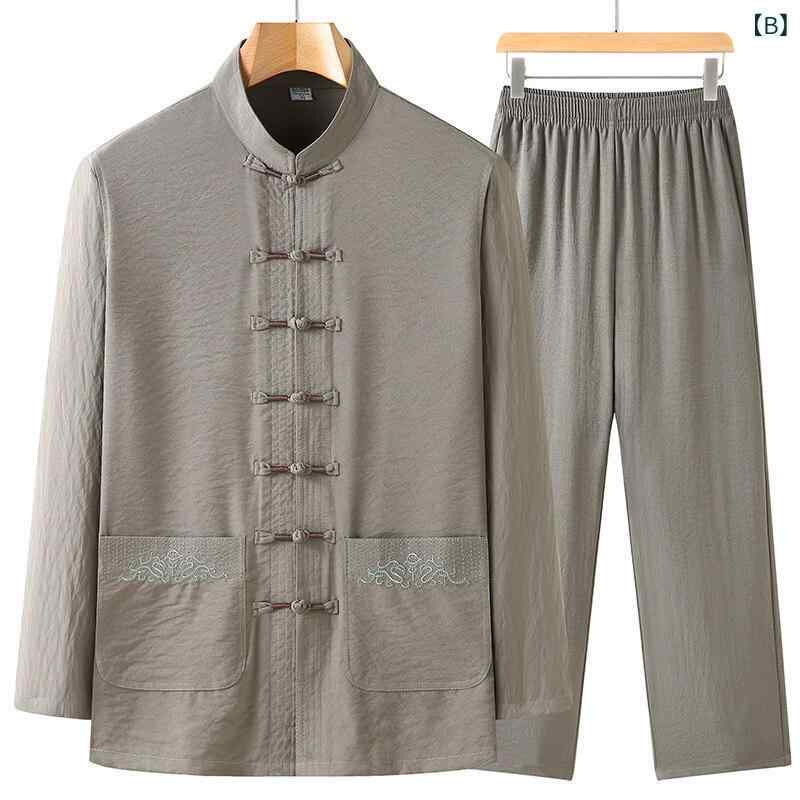 唐装 メンズ 男性用 シニア 中高年 立ち襟 スタンドカラー カジュアル 中国風 漢服 セットアップ 上下セット ツーピース ポリエステル混紡 シワになりにくい 春夏