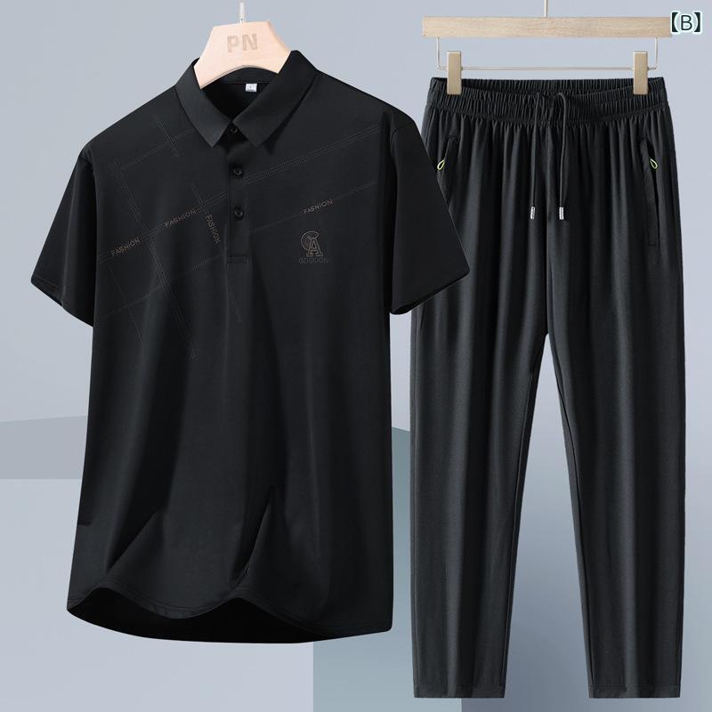セットアップ メンズ カジュアル 接触冷感 吸汗速乾 薄手 半袖 ポロシャツ 長パンツ 上下セット 襟付き 春夏 紳士 大人用 ルームウェア スポーツウェア トレーニングウェア 普段着 ゴルフ 大きいサイズ対応