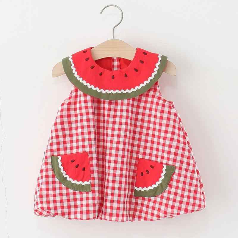 ワンピース 女の子 ベビー ノースリーブ Aライン チェック柄 スイカ柄 丸襟 赤 コットン 綿 韓国風 おしゃれ 普段着 お出かけ着 春夏 70 80 90 100 110cm 肌に優しい かわいい