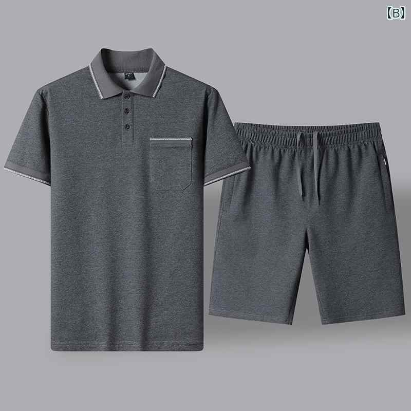 メンズ シニア向け スポーツウェア 上下セット 薄手 半袖 Tシャツ ショートパンツ 夏用 カジュアル リラックス 普段着