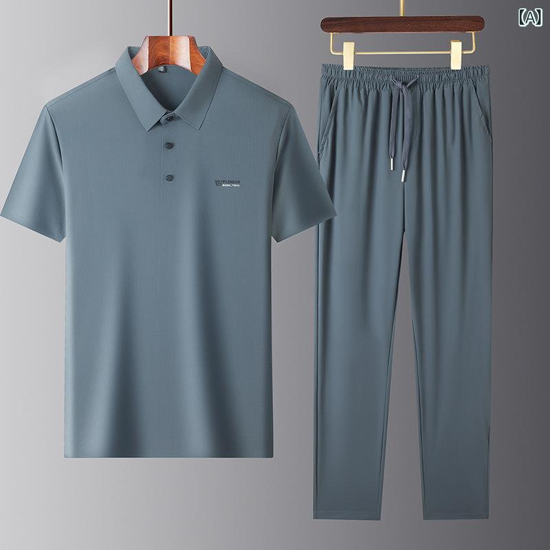メンズ ミドルエイジ 父親向け スポーツ カジュアル セットアップ 薄手 接触冷感 吸汗速乾 半袖 ポロシャツ 夏用 上下セット リラックス