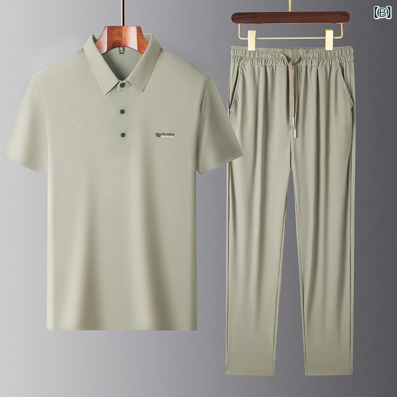 メンズ ミドルエイジ 父親向け スポーツ カジュアル セットアップ 薄手 接触冷感 吸汗速乾 半袖 ポロシャツ 夏用 上下セット リラックス