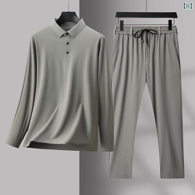 セットアップ メンズ ポロシャツ 長袖 パンツ 2点セット シルク100% 薄手 軽量 シームレス 吸湿速乾 肌触り快適 夏用 ビジネスカジュアル 通勤 テレワーク 部屋着 大人カジュアル