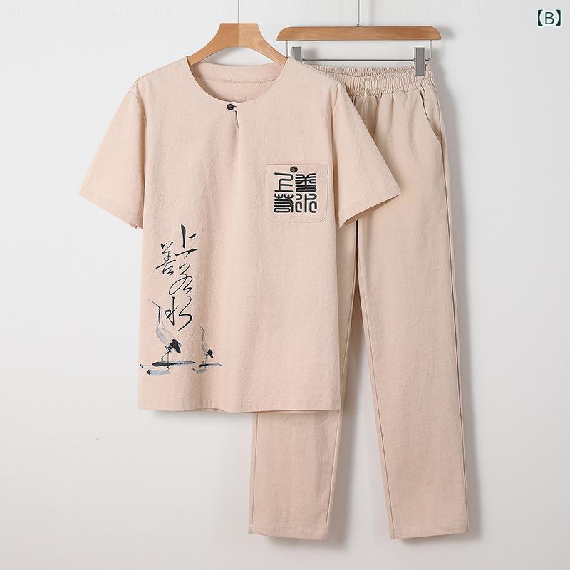 メンズ セットアップ 中高年男性 シニア向け ゆったり リラックスフィット 半袖Tシャツ 長パンツ 綿麻 麻混 通気性抜群 チャイナ風 カジュアル 部屋着 普段使い 春夏