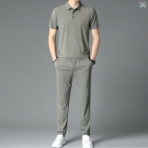 セットアップ メンズ 半袖 Tシャツ ロングパンツ シームレス 薄手 接触冷感 ポリエステル 夏 ビジネス カジュアル 通勤 大人 上下セット 快適