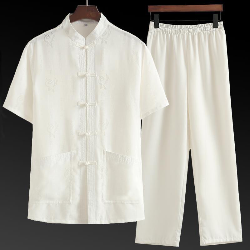 セットアップ メンズ 高齢者 夏服 半袖 綿麻混紡 薄手 軽量 通気性 中国風 円龍柄 父の日 甚平 パジャマ リラックスウェア