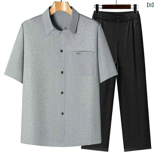 シャツ メンズ 接触冷感 薄手 半袖 中高年 シニア向け ツーピース 2点セット カジュアル 唐装風 中華風 プリント 刺繍 ポリエステル 春夏