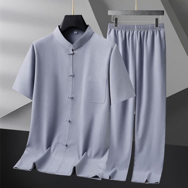 セットアップ メンズ 男性用 シニア 高齢者 半袖 Tシャツ ロングパンツ 薄手 軽量 中国風 唐装 漢服 部屋着 ルームウェア 運動着 混紡素材 ナイロン リラックスウェア 春夏