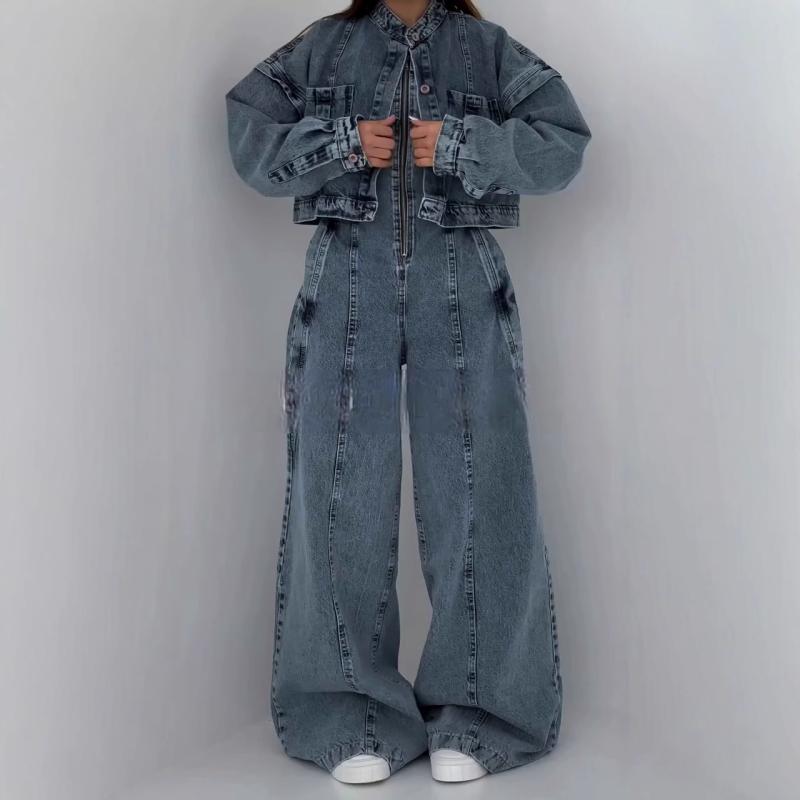 セットアップ レディース 長袖アウター付き ジップアップ ビスチェコンビネゾン デニム 切り替え 通勤 ..