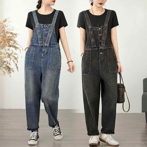 デニムサロペット レディース ハイウエスト ウォッシュ加工 ゆったり ストレート ワイドパンツ クロップド丈 ポケット多数 きれいめ 通勤 カジュアル 春夏 ブルー スモークグレー(x2) デニムサロペット レディース ハイウエスト ウォッシュ加工 ゆったり ストレート ワイドパンツ クロップド丈 ポケット多数 きれいめ 通勤 カジュアル 春夏 ブルー スモークグレー(x2)